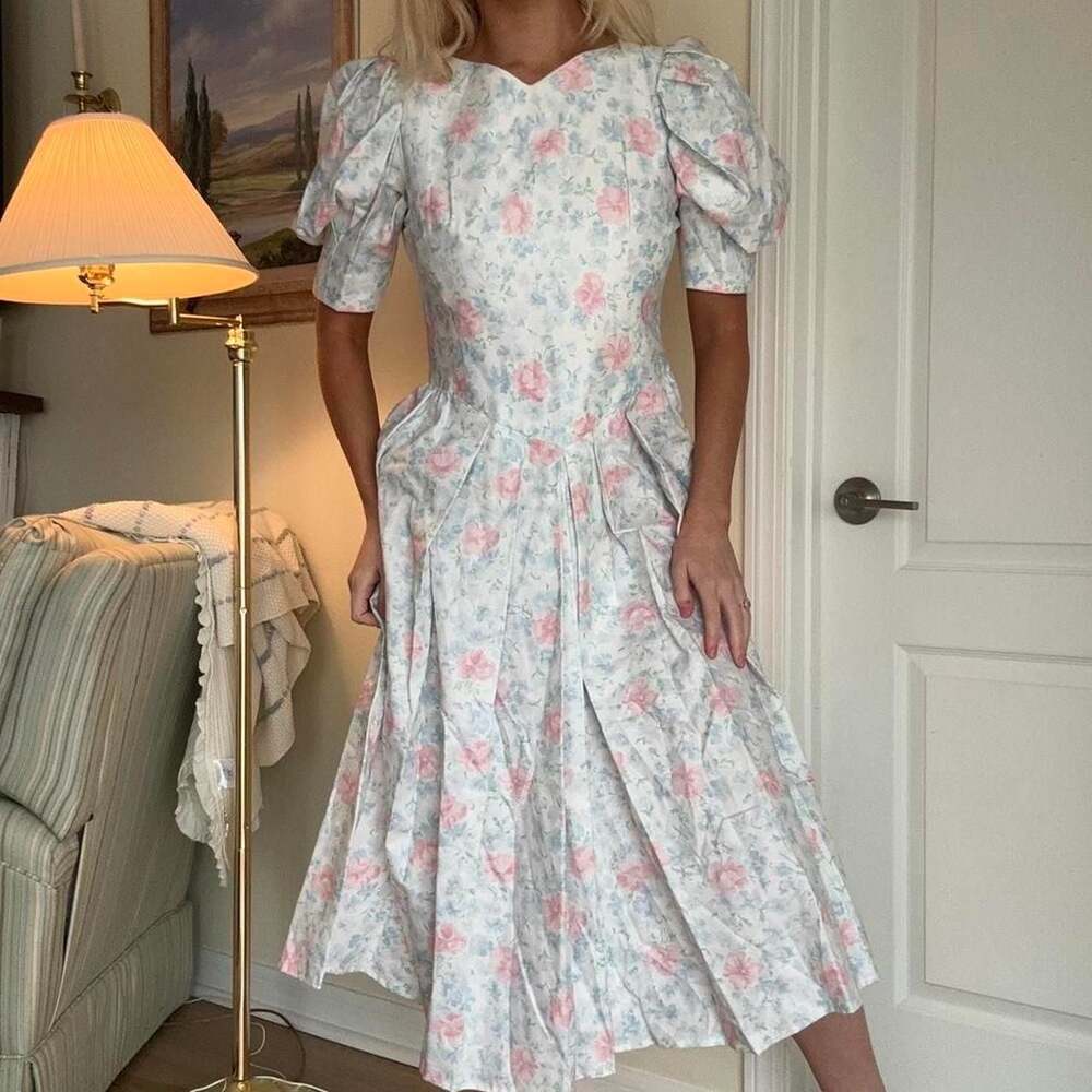 Vintage 80s Pastel Floral Midi Dress Puff Sleeve Cottagecore